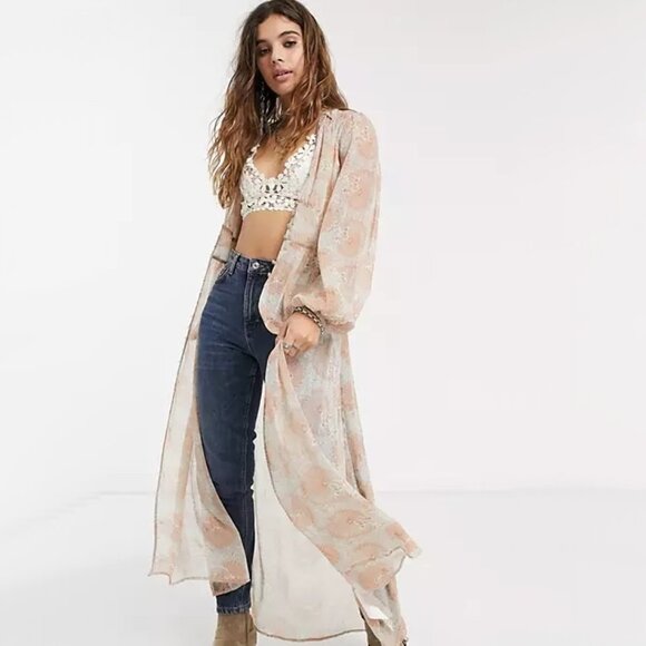 Free People long sleeve floral print semi-sheer longline duster - Picture 5 of 16